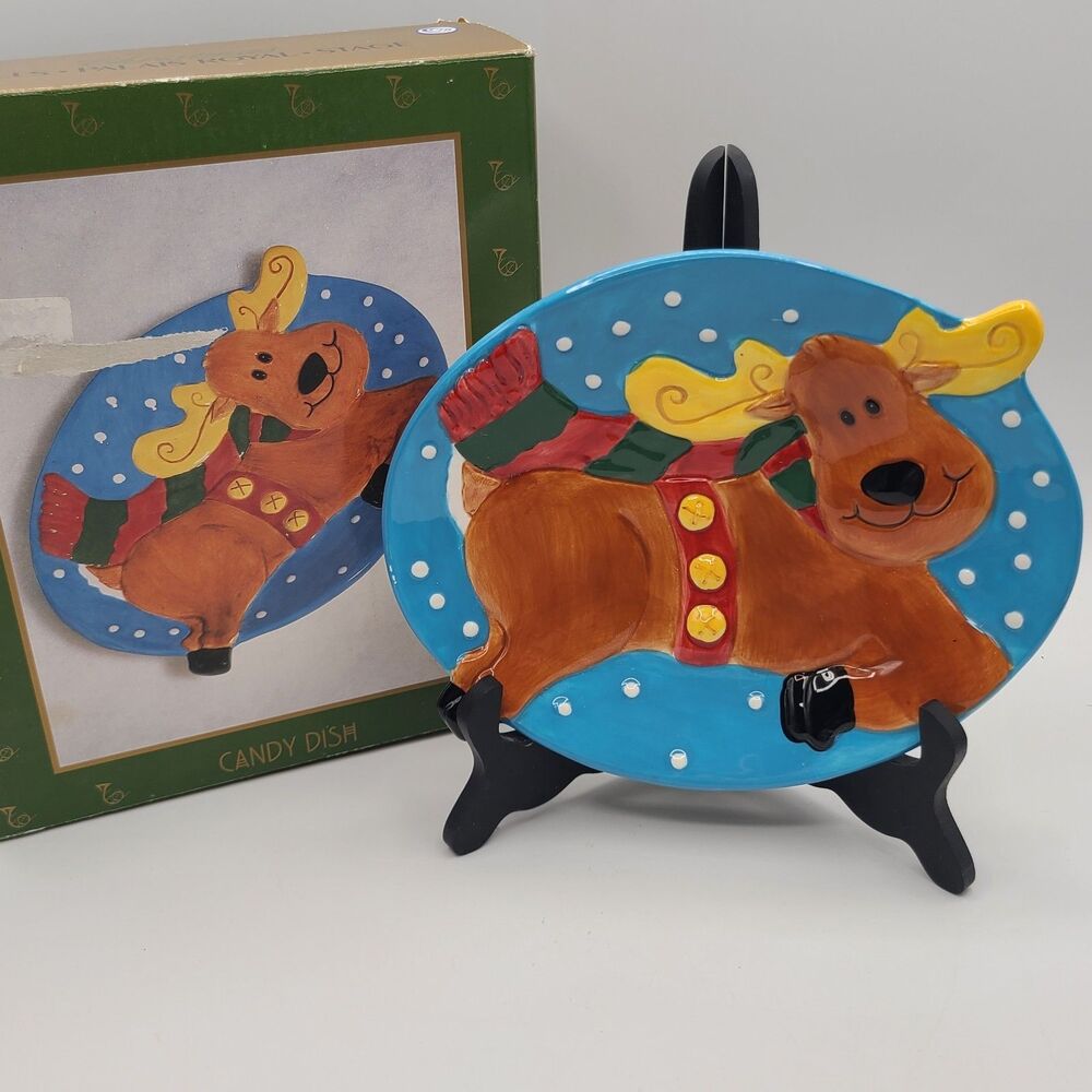 Vintage Bealls Hand-Painted 1990s Ceramic Christmas Reindeer Candy Dish 9"x7"
